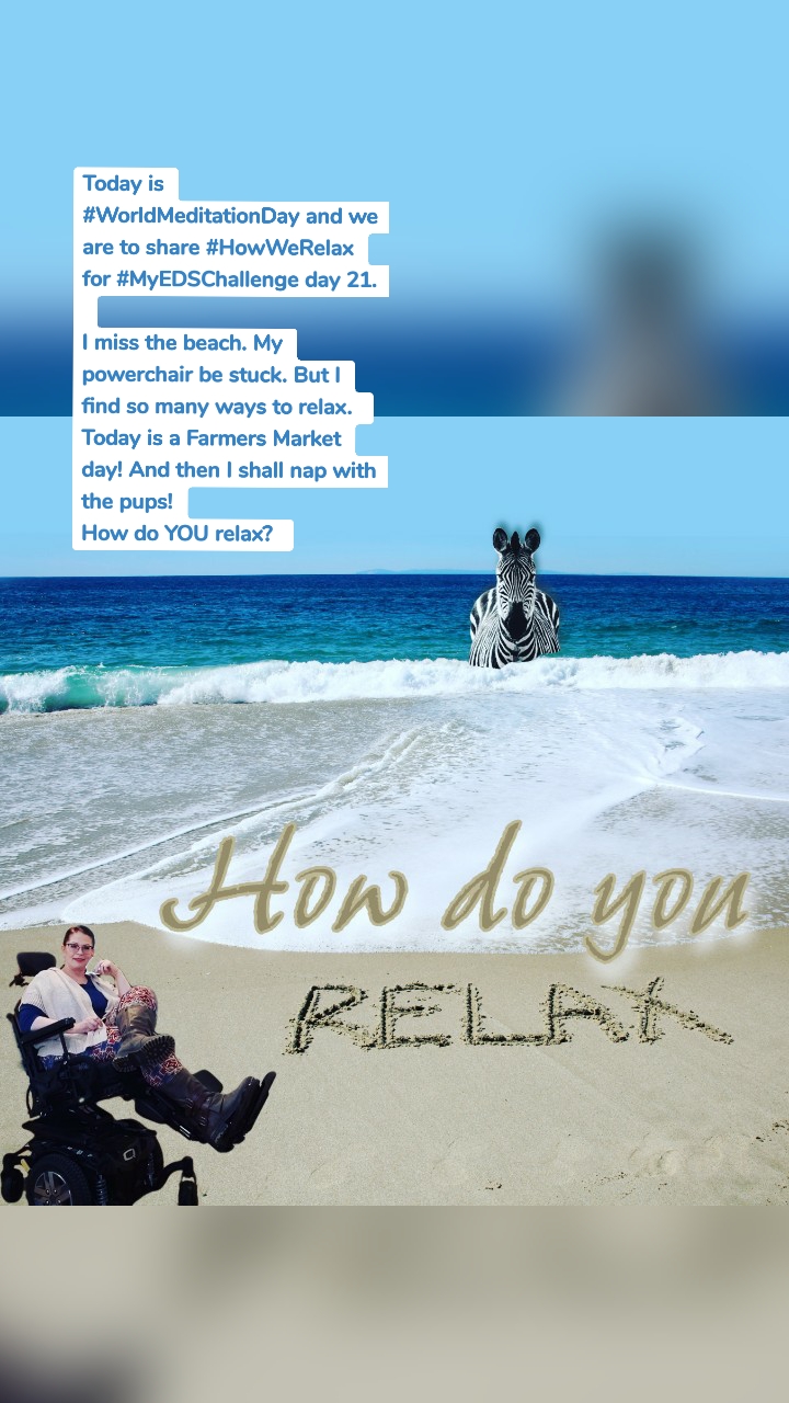 Today is #WorldMeditationDay and we are to share #HowWeRelax for #MyEDSChallenge day 21. 

I miss the beach. My powerchair be stuck. But I find so many ways to relax. 
Today is a Farmers Market day! And then I shall nap with the pups!
How do YOU relax? 
